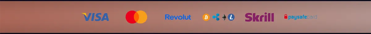 Row of payment method logos on a light background, including Visa, Mastercard, Revolut, crypto icons (Bitcoin/Ripple/Ethereum/Litecoin), Skrill, and paysafecard.